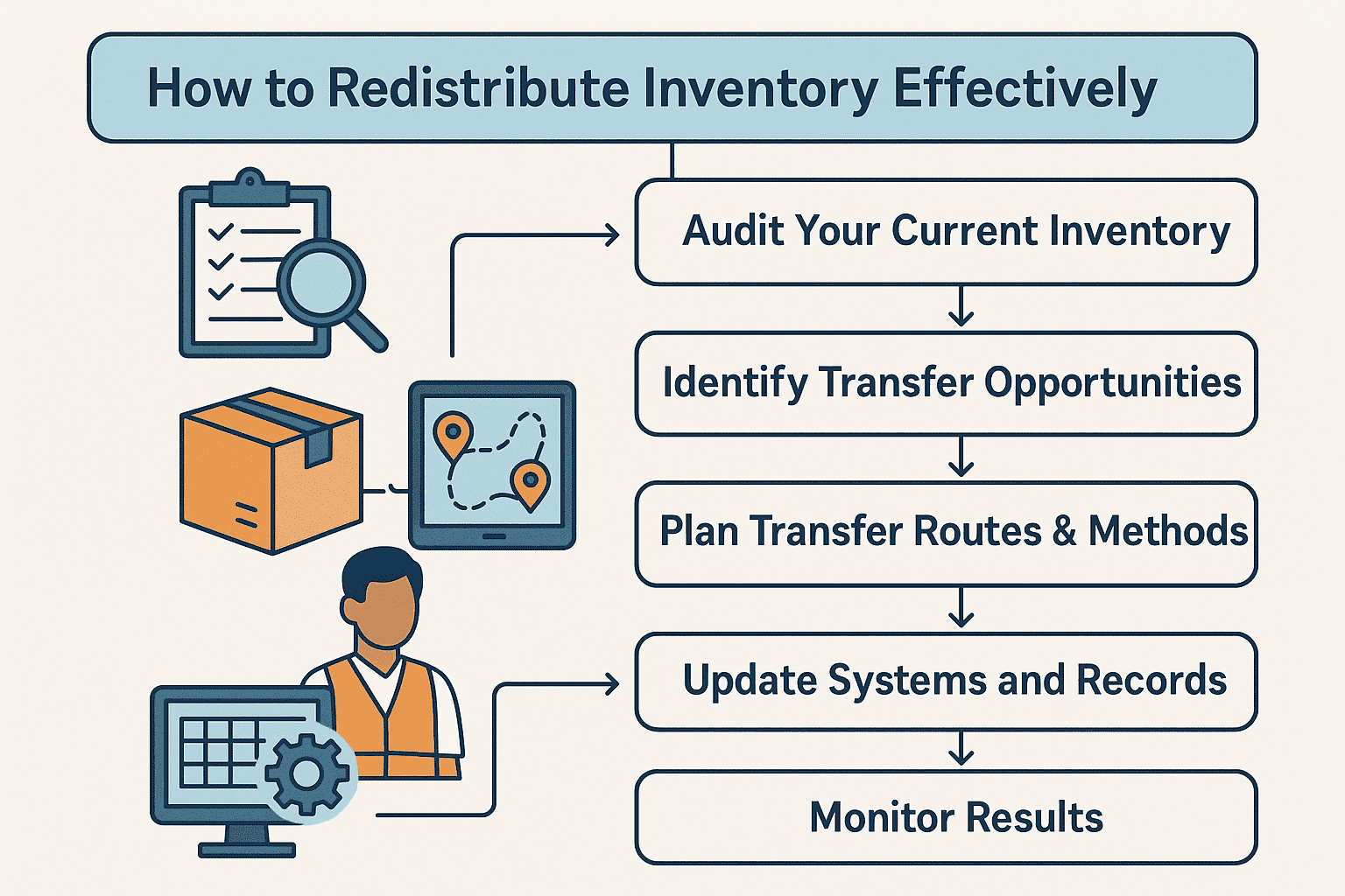 Infographic illustrating the inventory redistribution process with steps: audit stock, identify transfer opportunities, plan routes, update ERP systems, and monitor results.