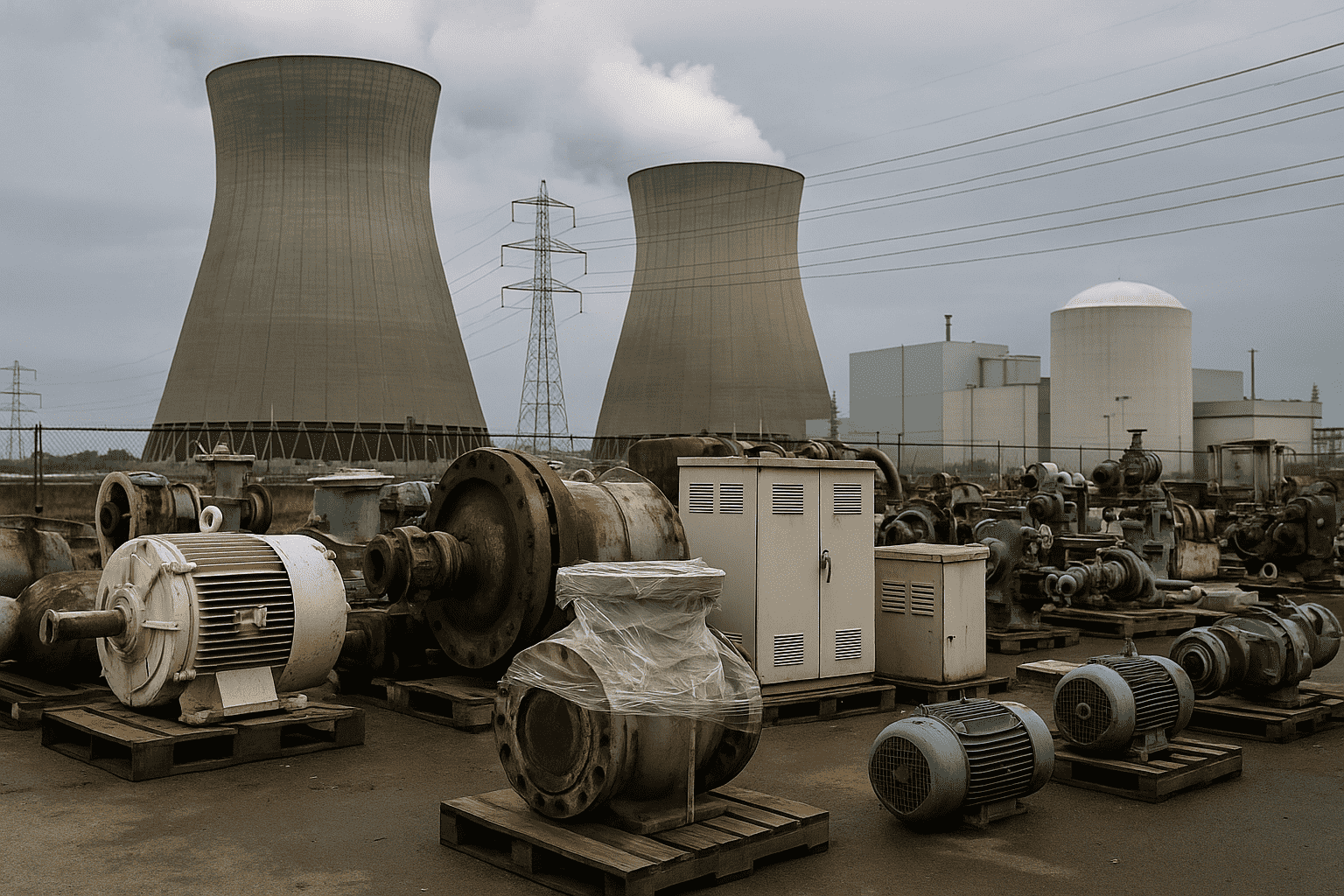 Industrial equipment and large metal machinery parts are stored on pallets in an outdoor yard. In the background, there are cooling towers, storage tanks, and power plant buildings under a cloudy sky.