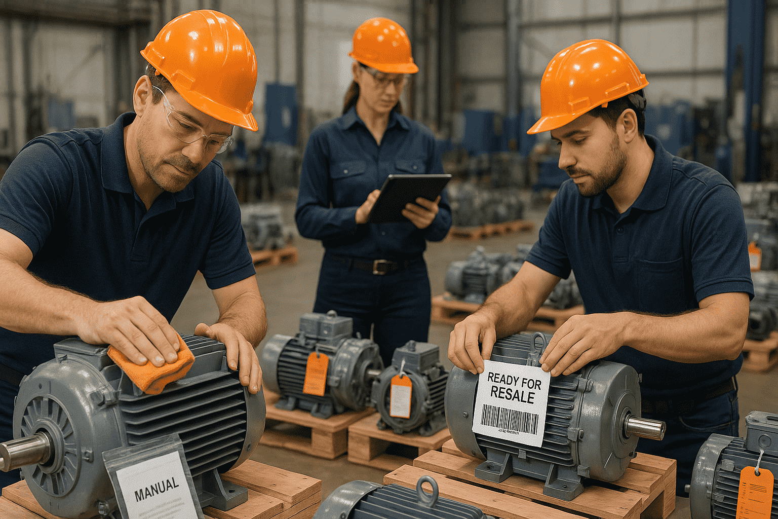 Technicians cleaning, tagging, and documenting industrial equipment to prepare it for resale.
