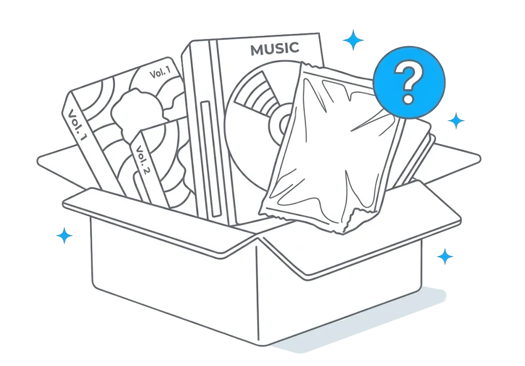 열린 상자 안에 음악 앨범과 Vol.1, Vol.2 문구가 적힌 카드 여러 장, 그리고 파란색 물음표 아이콘이 있는 상품 묶음.