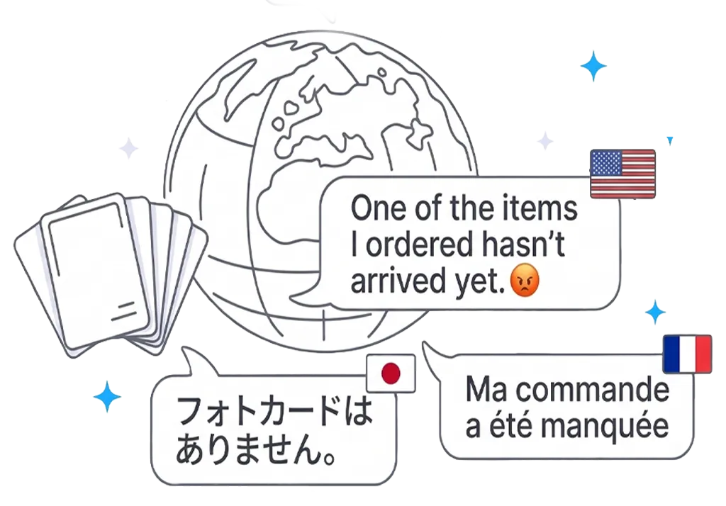 지구 이미지와 세 개의 말풍선, 한 곳에는 미국 국기가 있고 '내가 주문한 상품 중 하나가 아직 도착하지 않았어요'라는 문구와 화난 얼굴 이모지가 있음; 두 번째에는 일본 국기와 '포토카드는 없습니다'라는 문구; 세 번째에는 프랑스 국기와 '내 주문이 누락되었습니다'라는 문구가 있음.