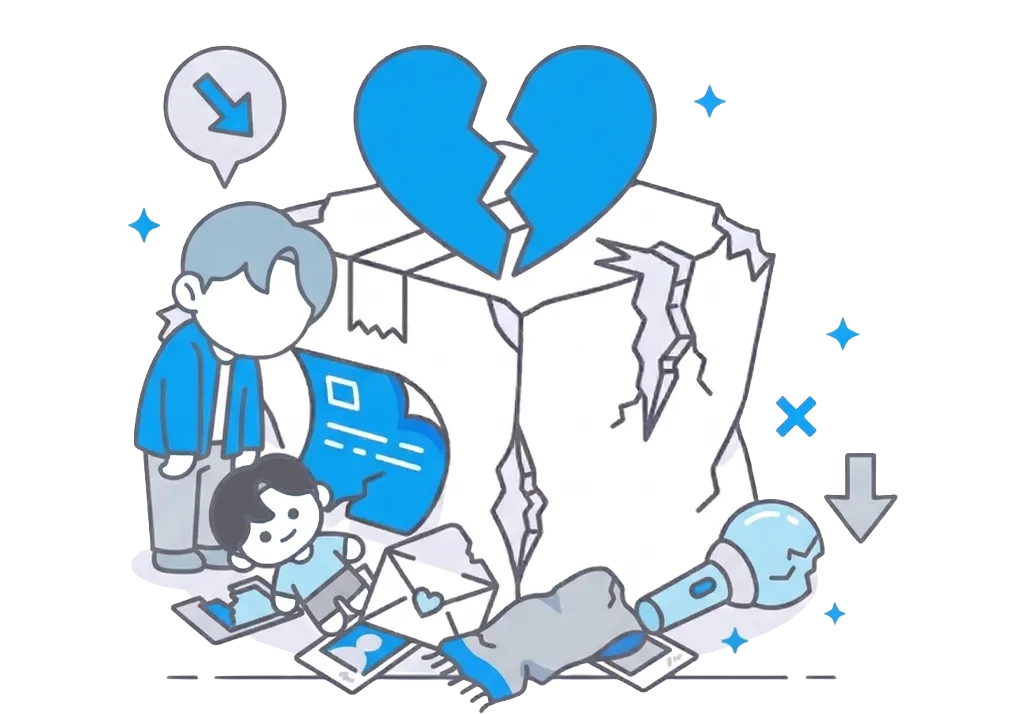 깨진 상자와 부서진 심장을 배경으로 우울한 표정을 짓고 있는 한 명의 인물과 주변에 흩어진 편지, 전구, 사진 등이 있는 일러스트.