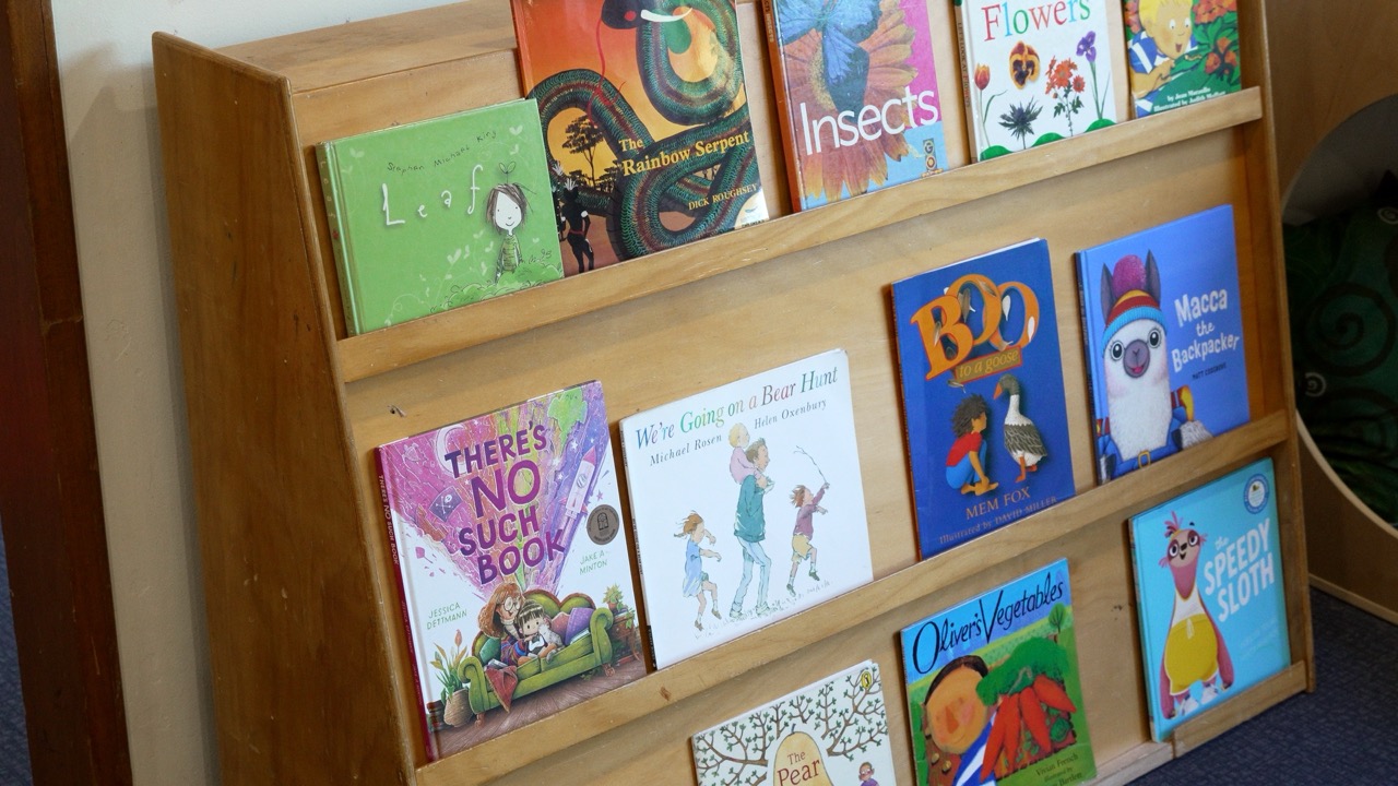 Picture books on a wooden display shelf in the preschool book corner