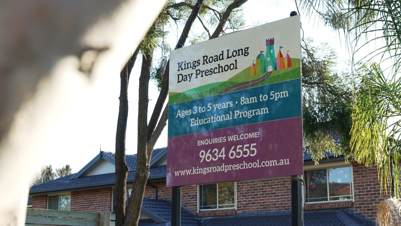 Kings Road Long Day Preschool sign out the front on Kings Road, Castle Hill