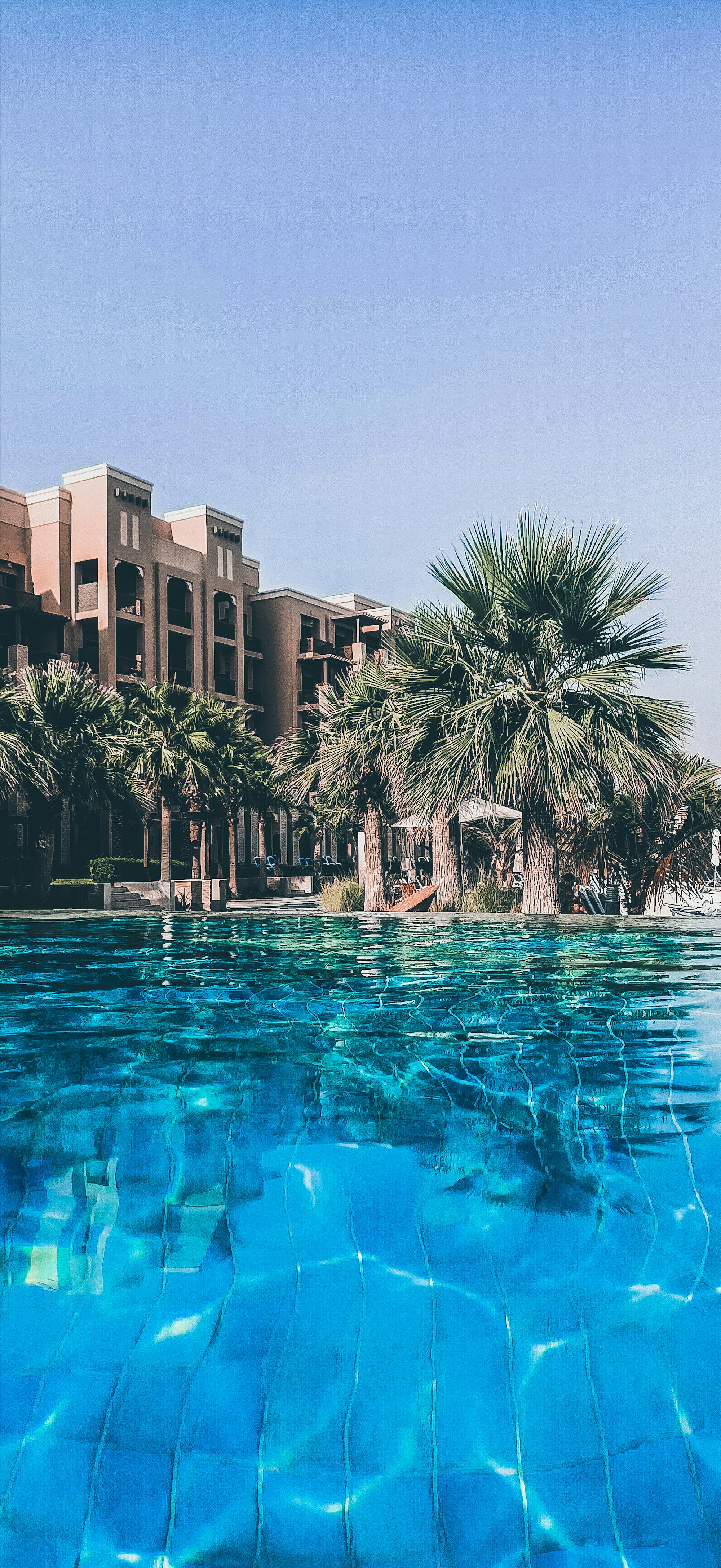 Palm trees in front of a beachfront building in Ras Al Khaimah