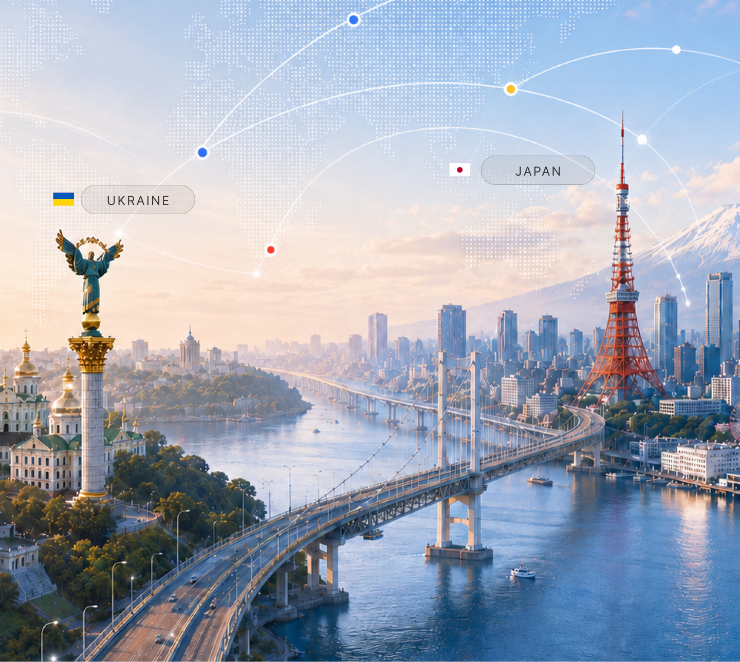 Concept image showing a digital connection between Ukraine and Japan for international IT talent collaboration