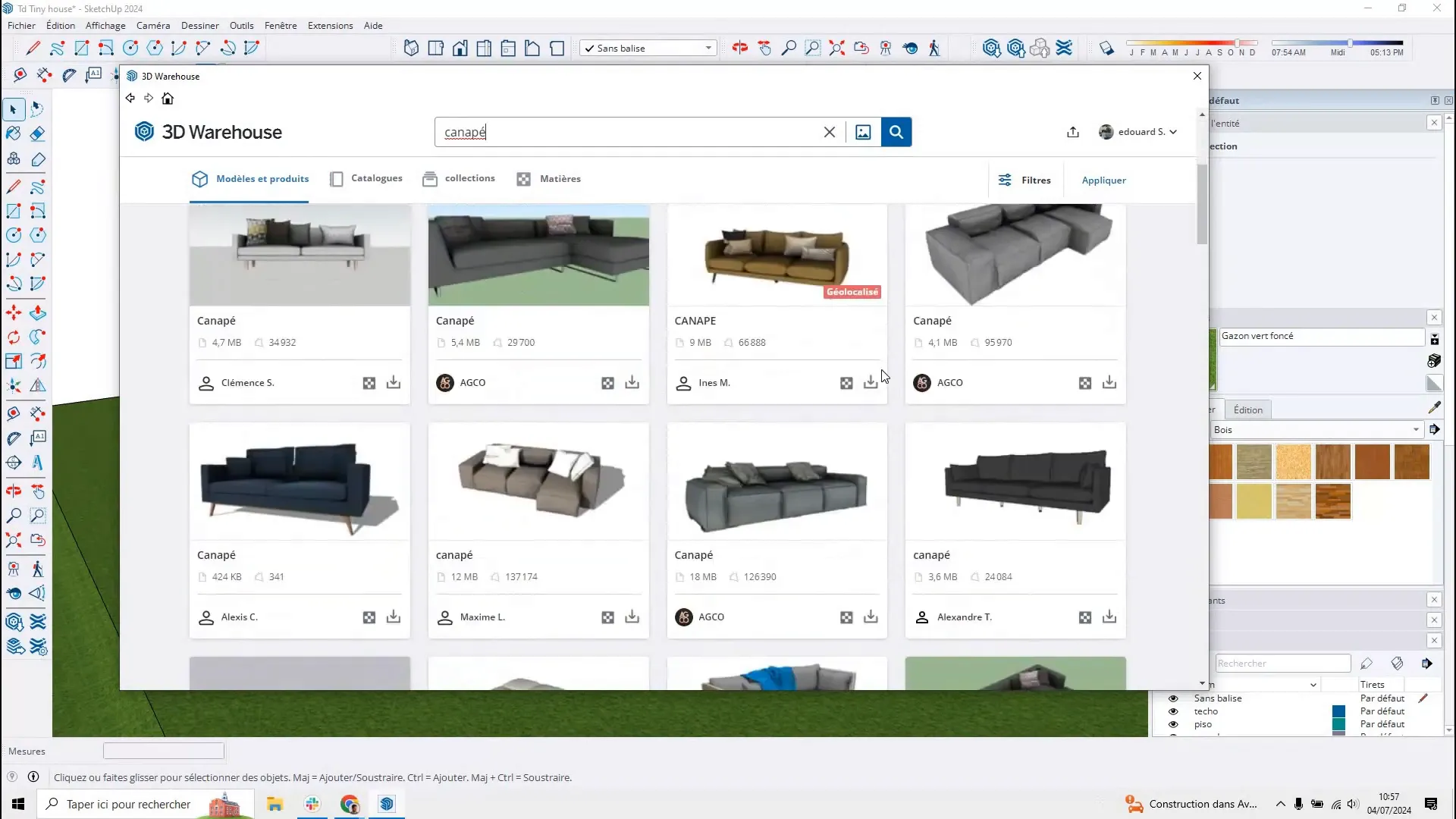 Téléchargement d'un banc depuis la 3D Warehouse