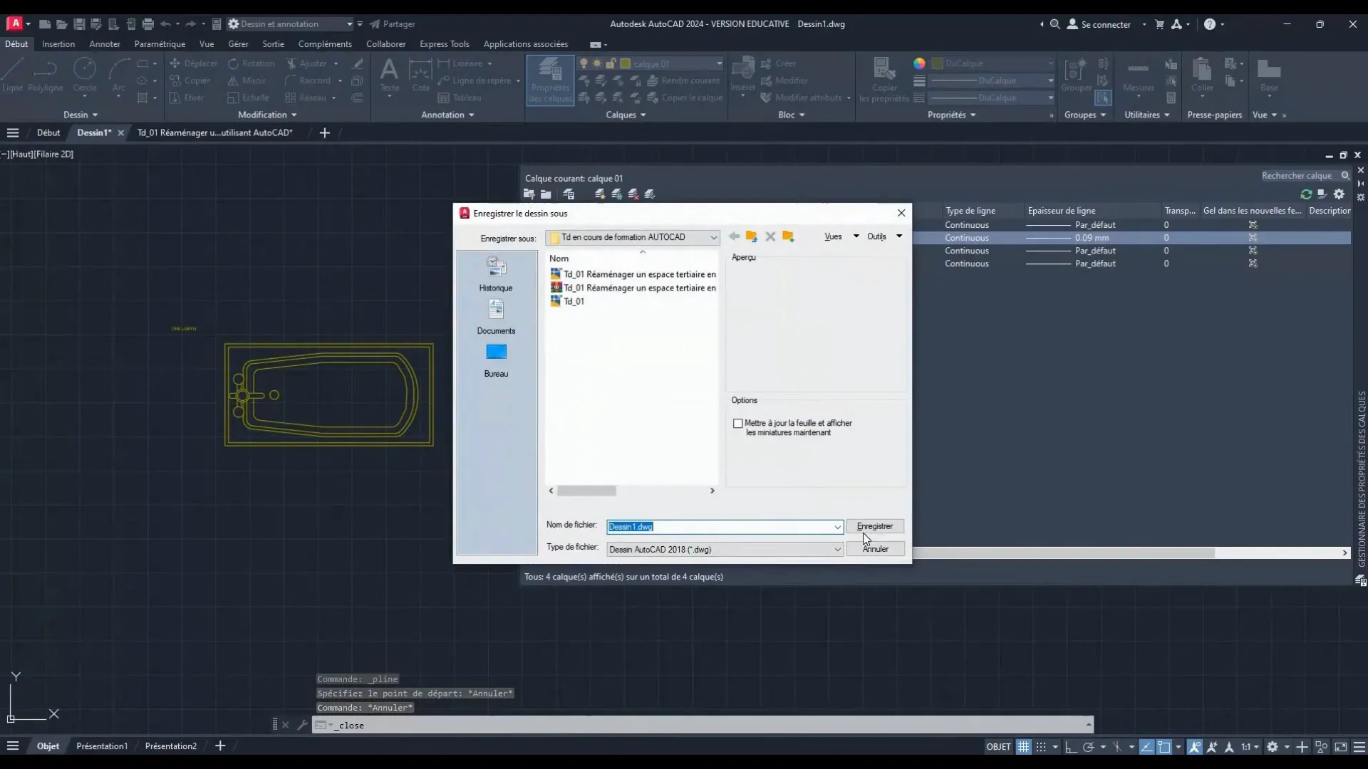 Paramètres du calque dans AutoCAD