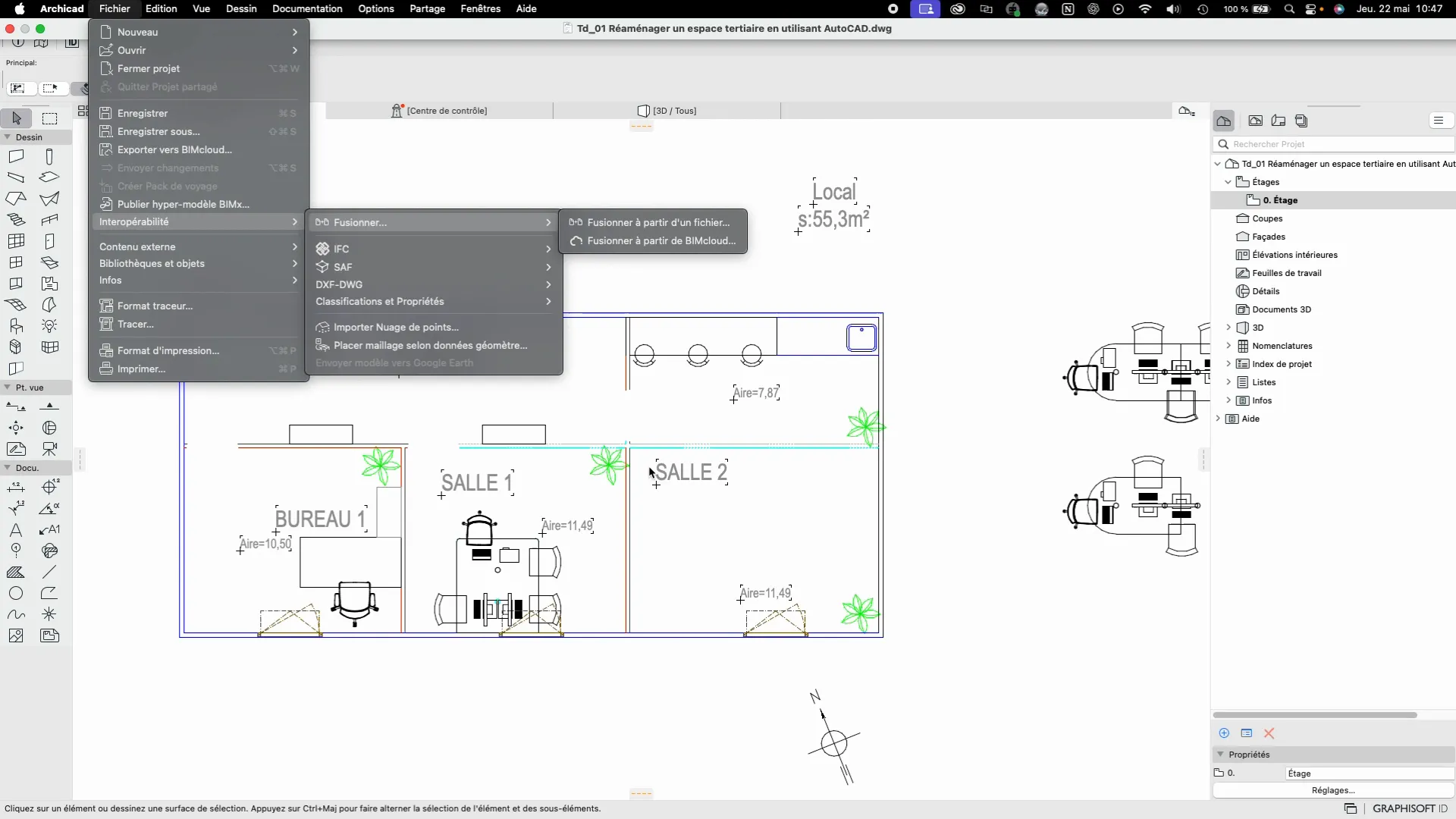 Menu d'interopérabilité pour fusionner un DWG dans Archicad