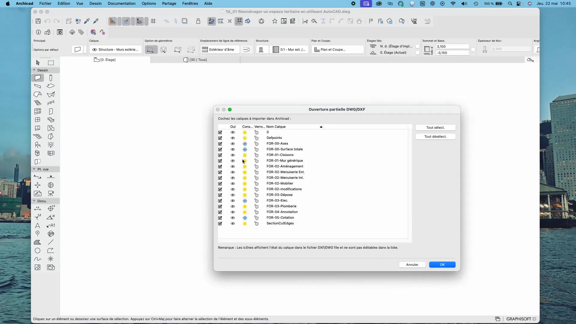 Fenêtre d'importation DWG dans Archicad avec sélection des calques