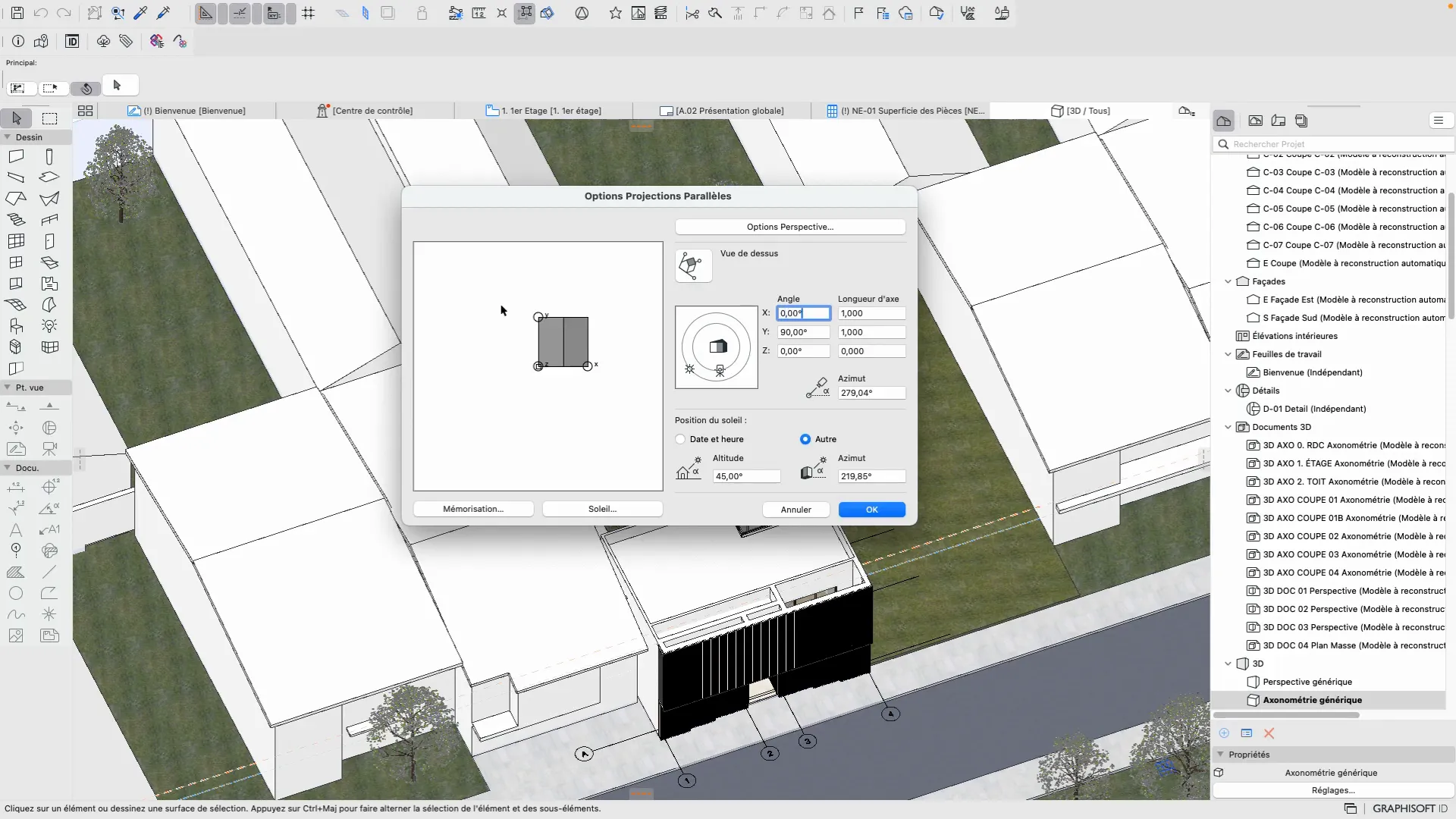 Réglage de l'axonométrie en vue du dessus dans Archicad