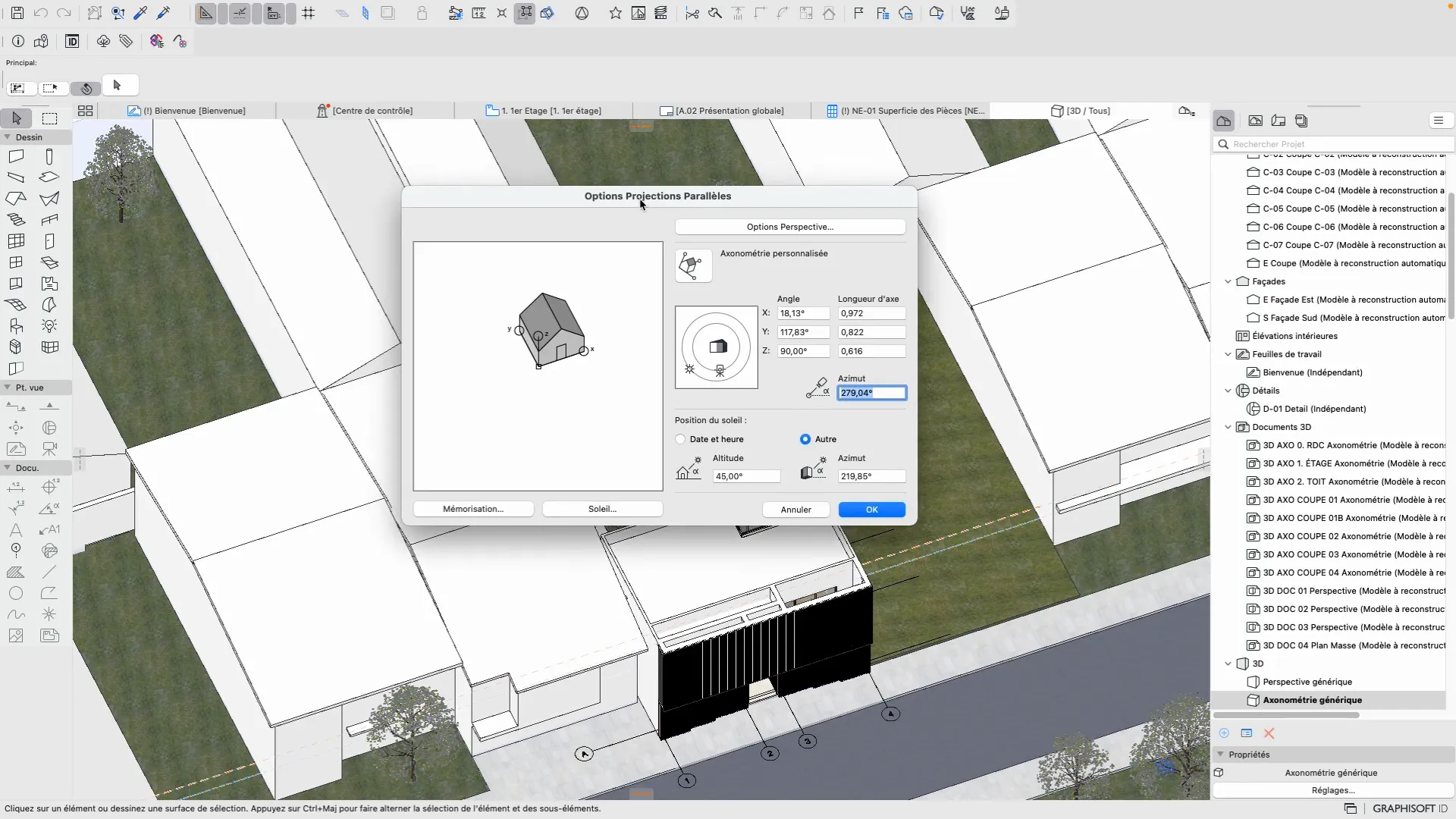 Fenêtre options de vue 3D avec Point de vue et projection parallèle