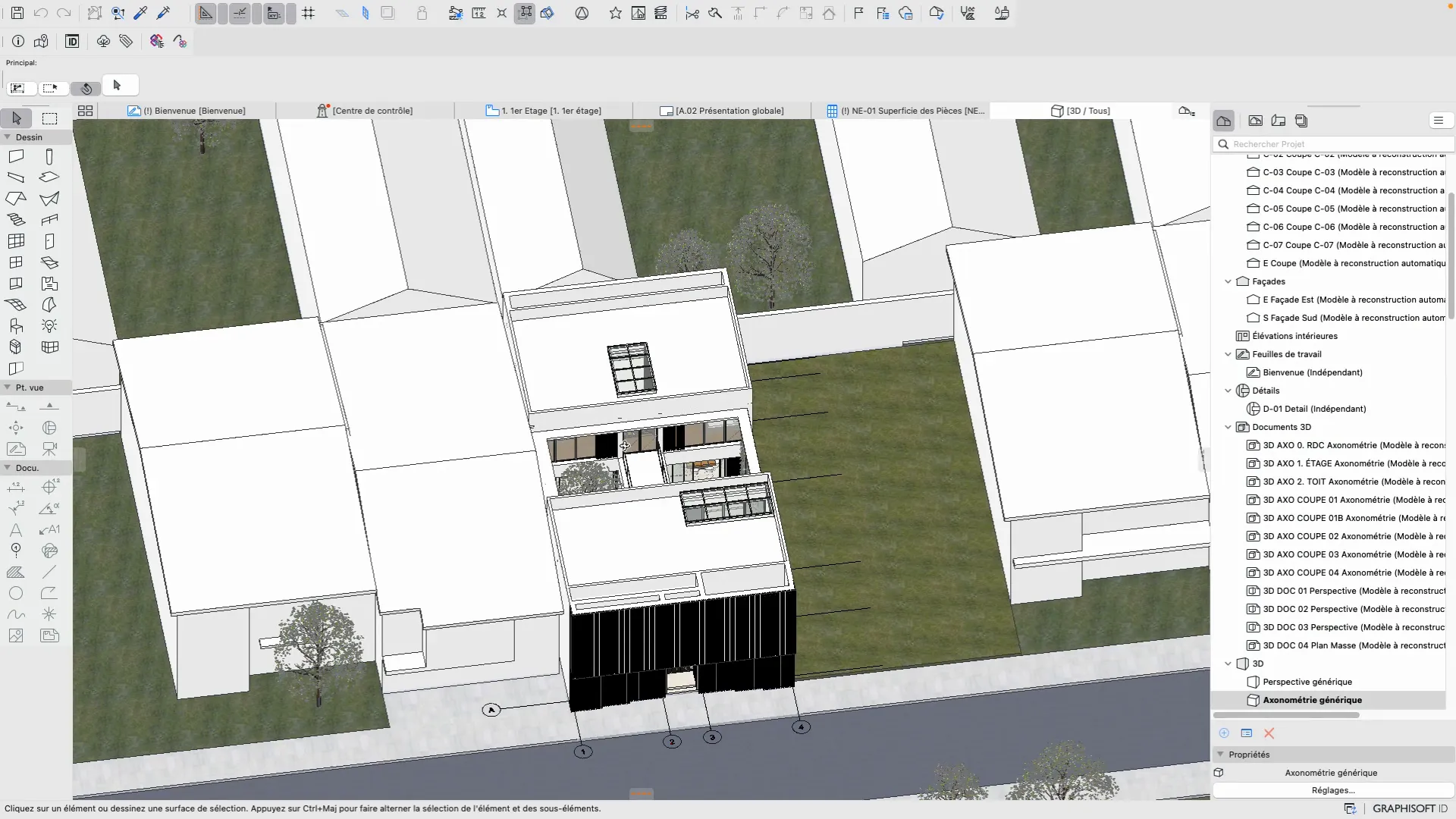 Interface Archicad avec maquette préparée en 3D
