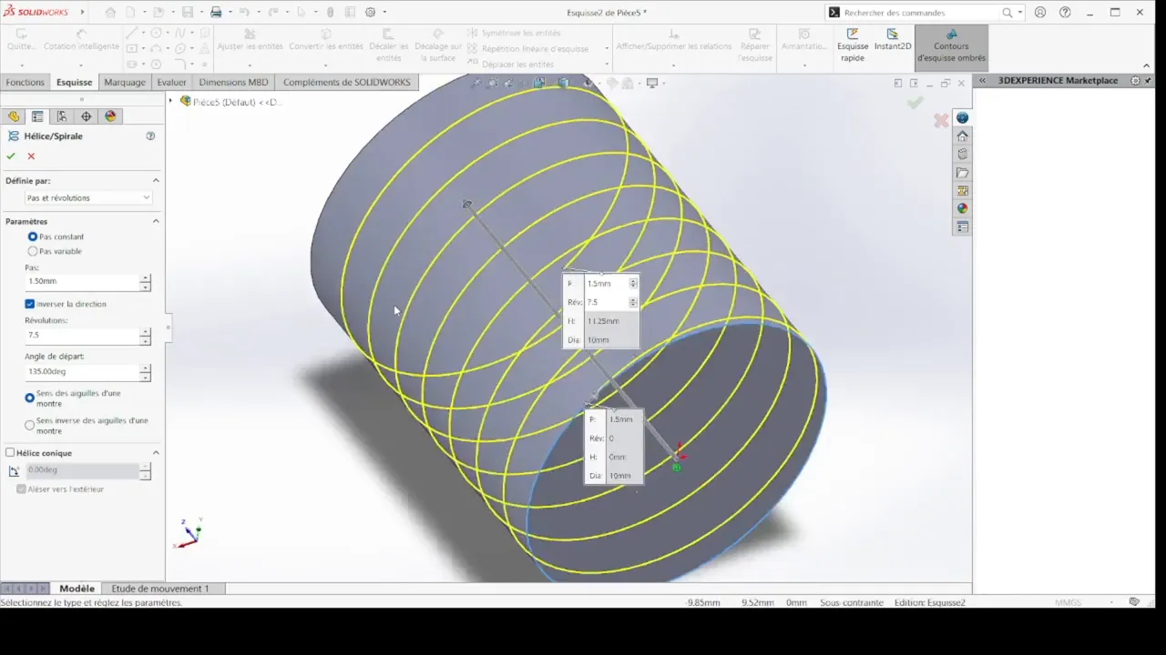 Paramètres de l'hélice : diamètre de base et pas