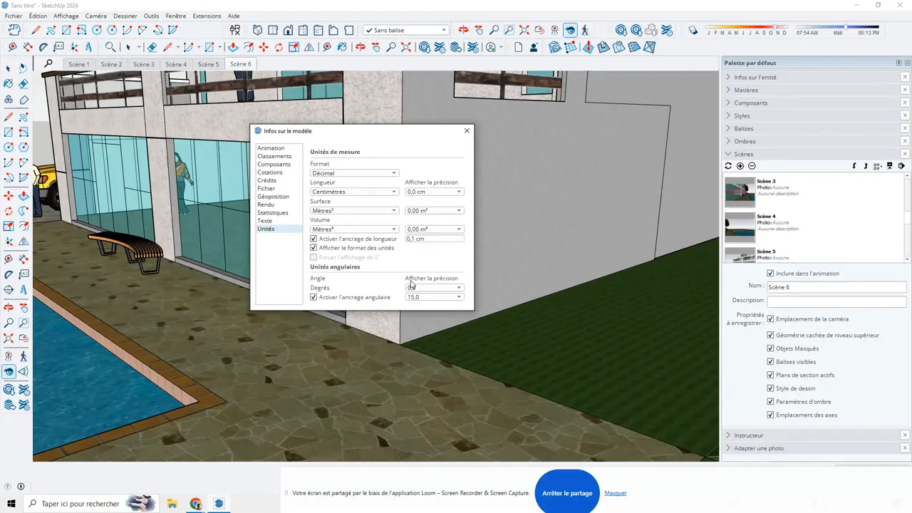 Fenêtre Infos sur le modèle pour régler les unités en centimètres