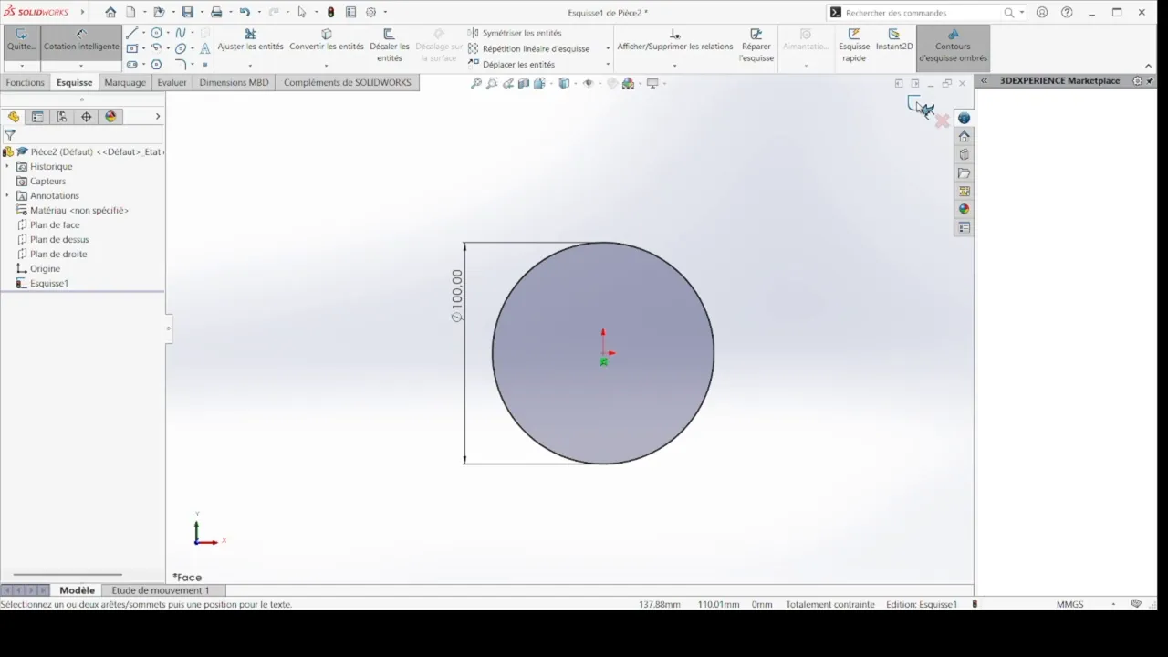 Création du cercle définissant le diamètre externe de l'engrenage