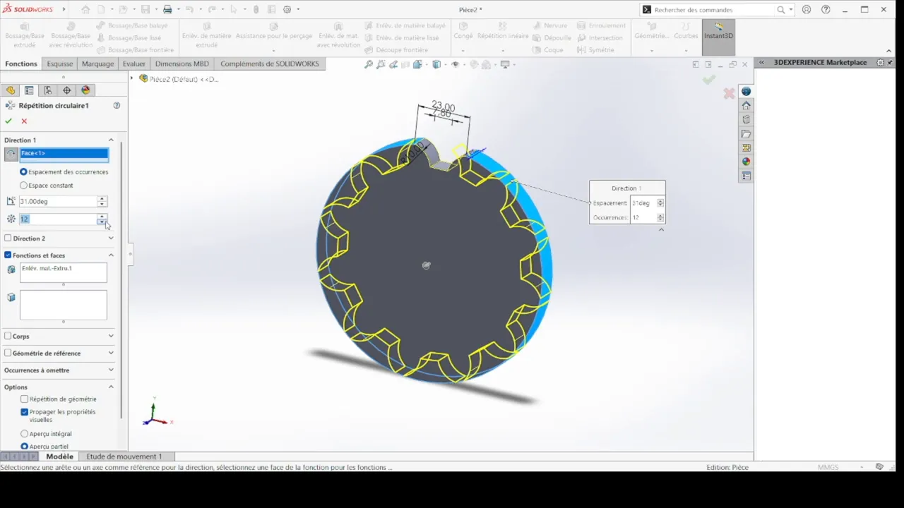 Application d'un motif circulaire pour reproduire la dent sur tout le pourtour