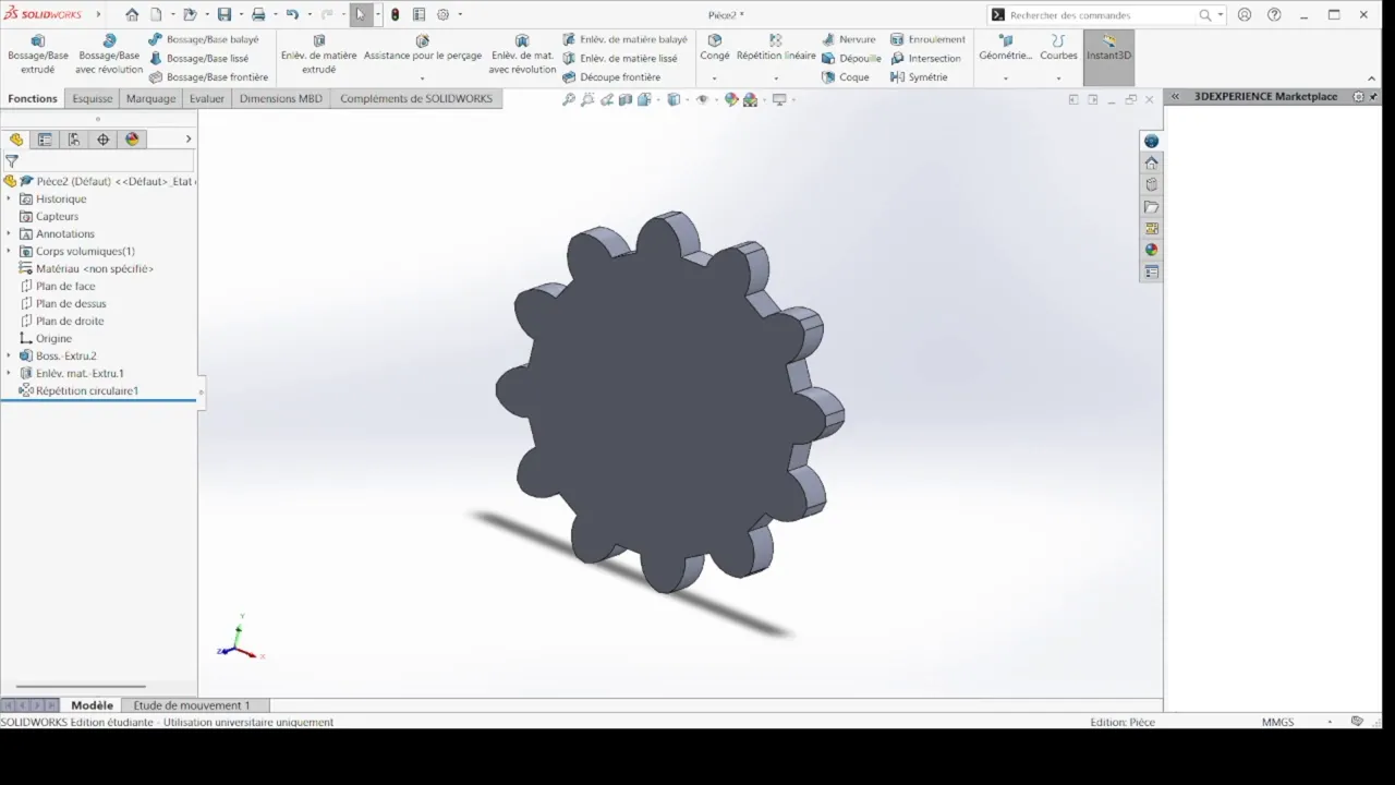 Engrenage obtenu après répétition circulaire, prêt à être affiné