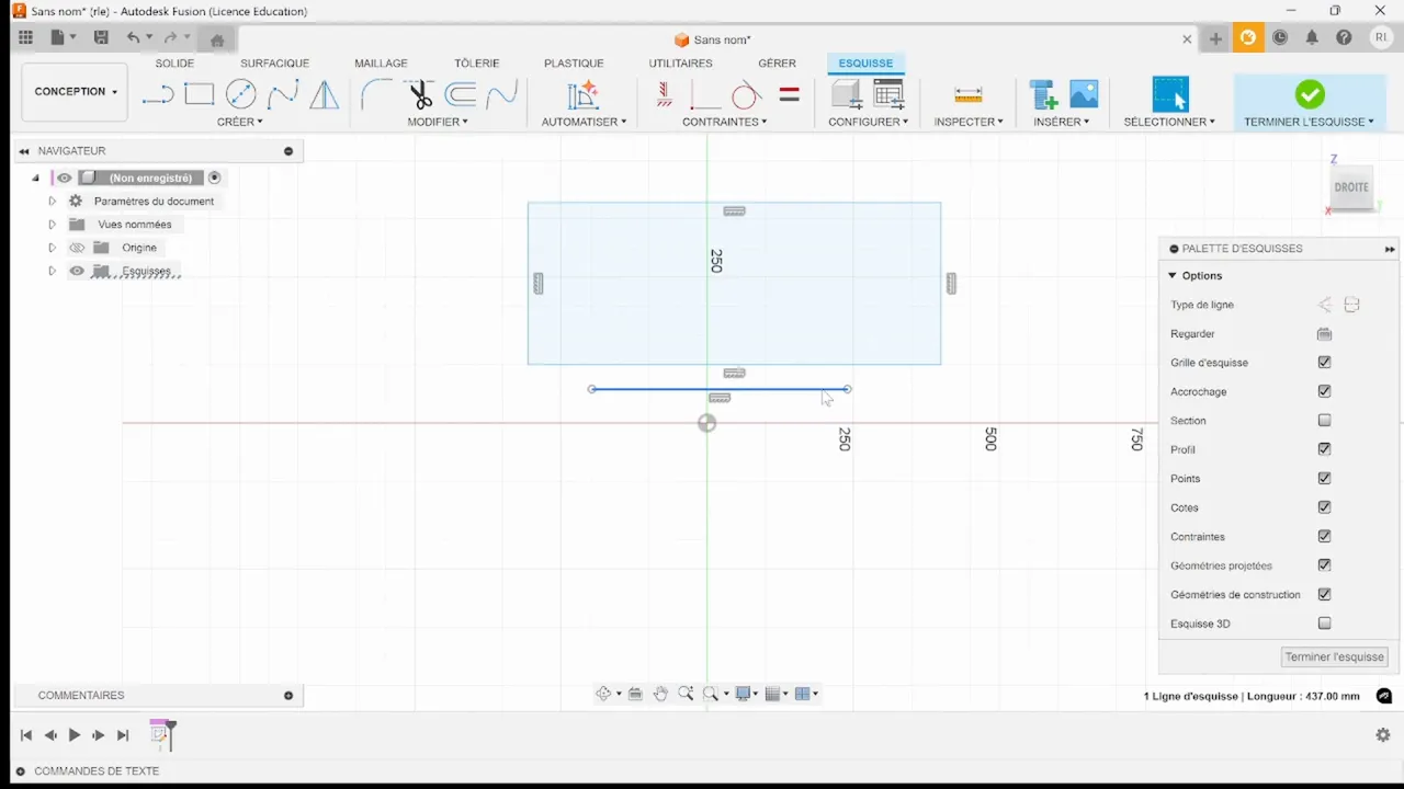 Exemple de ligne de construction utilisée pour centrer un rectangle