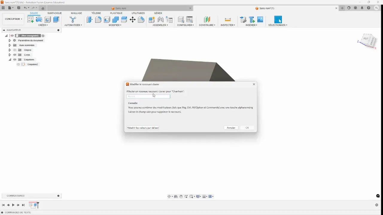 Fenêtre pour éditer les raccourcis clavier dans l'interface