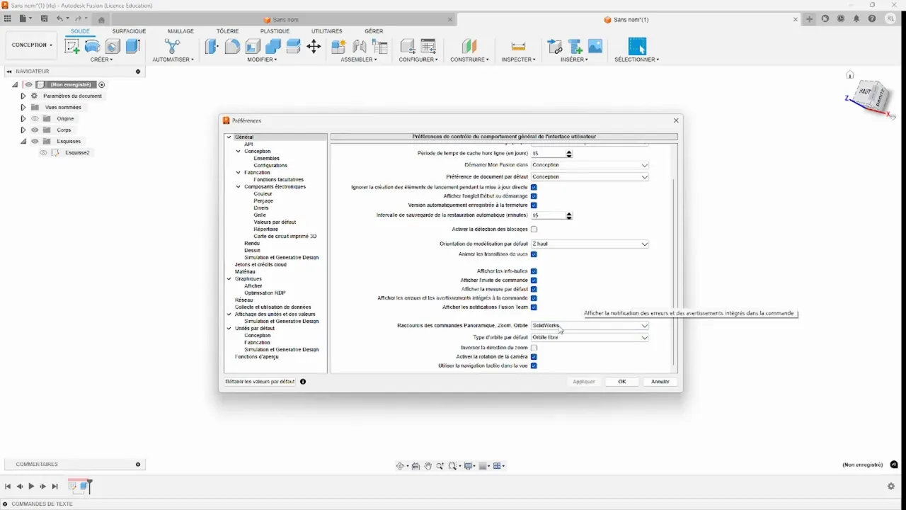 Choix du mode souris, ici SolidWorks