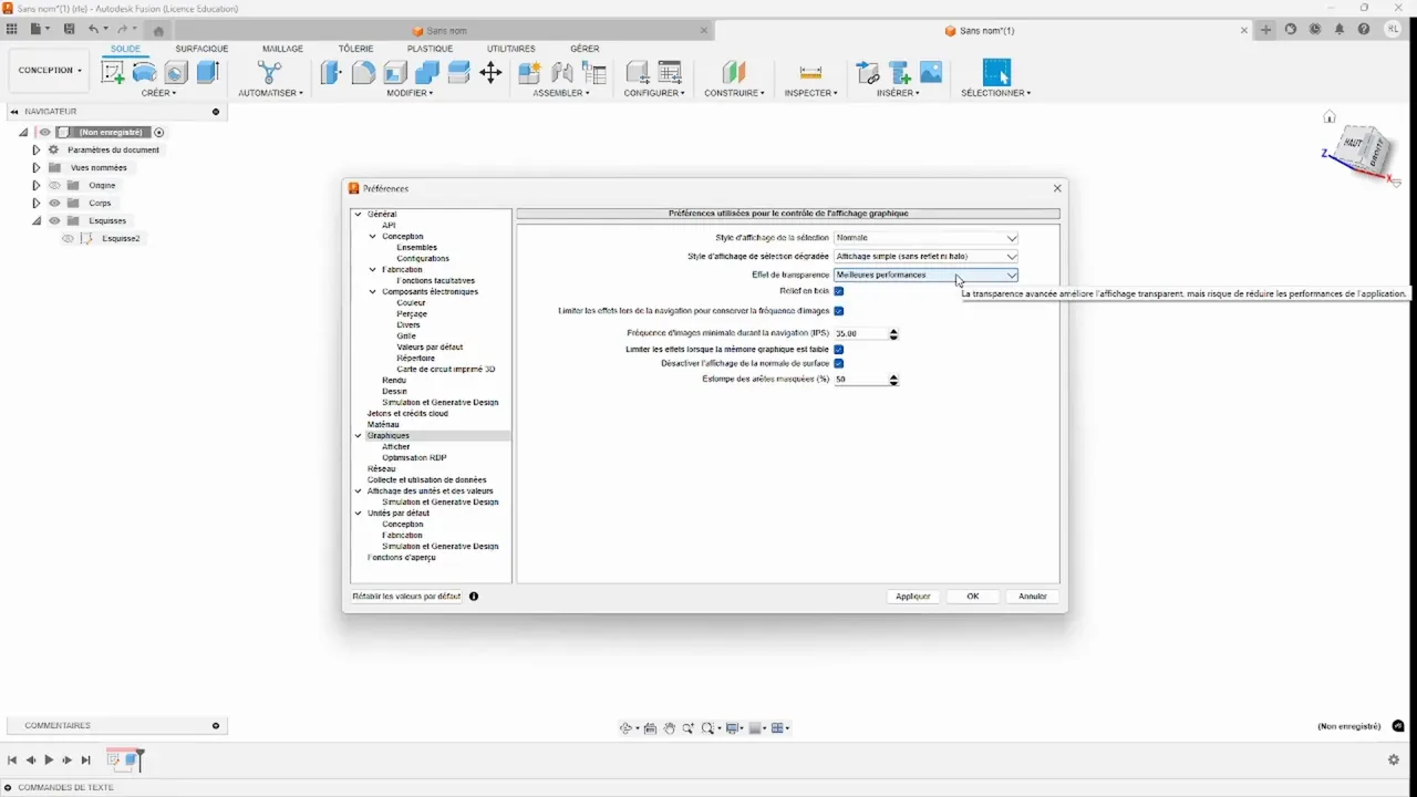 Options graphiques et gestion des effets de transparence