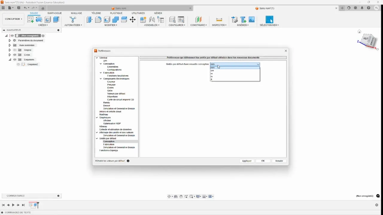 Réglage des unités par défaut (mm, cm, in, ft)