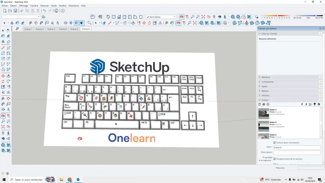 Liste de raccourcis clavier SketchUp affichée à l'écran