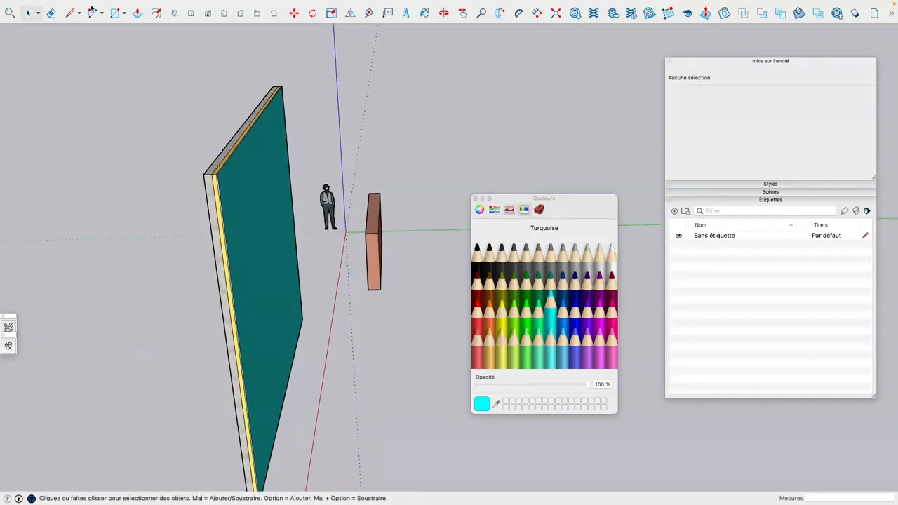 Vue SketchUp d'un mur multicouche texturé (brique/isolant/plaque) avec la palette de couleurs et la fenêtre 'Infos sur l'entité' affichées.