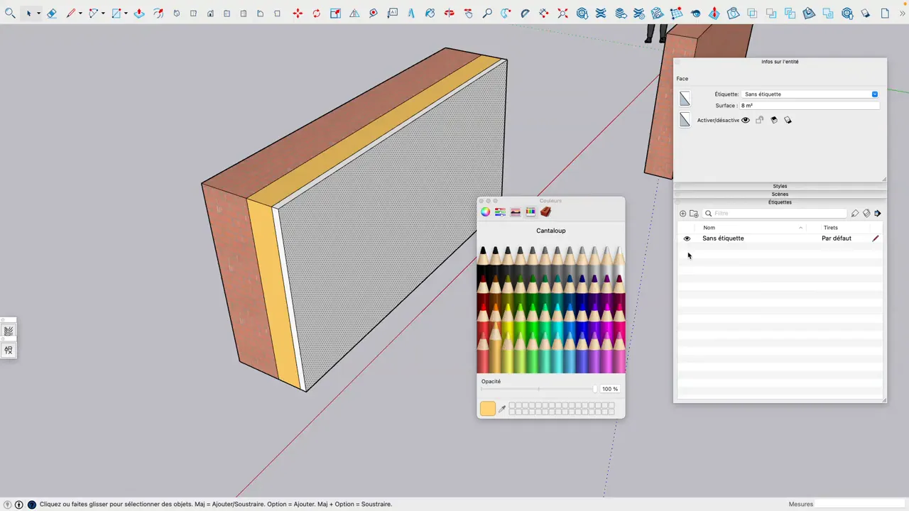 Mur multicouche dans SketchUp montrant brique, isolant et placo, avec fenêtres d'information et palette de couleurs ouvertes