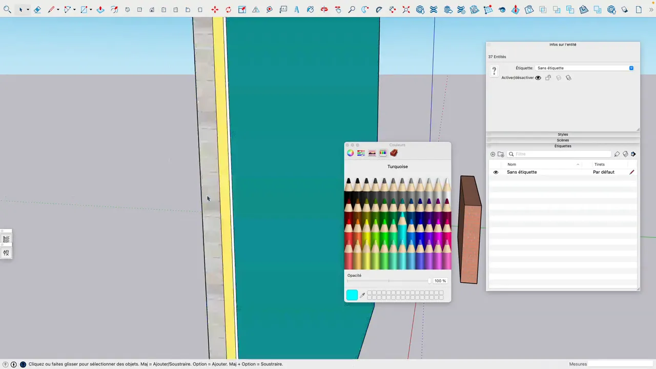 Gros plan d'un mur multicouche dans SketchUp montrant le parement extérieur, la bande isolante et la finition intérieure, avec la palette Couleurs ouverte.