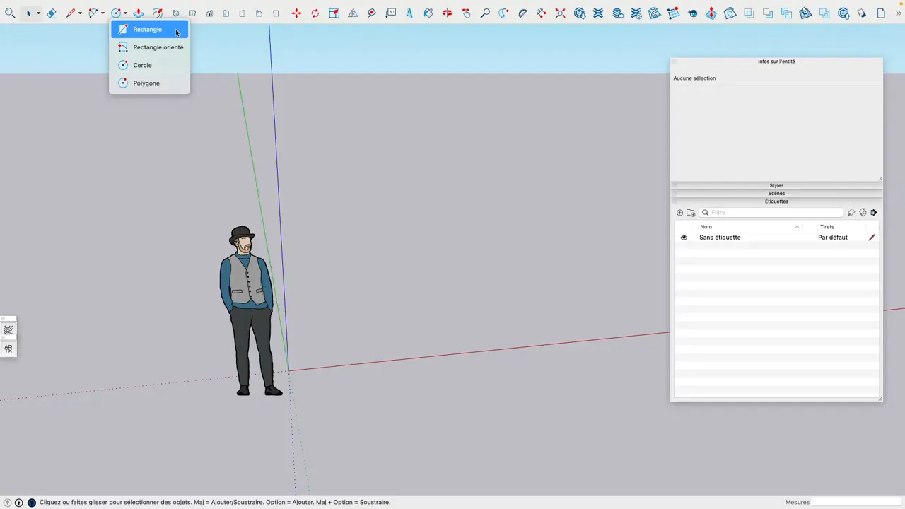 Interface SketchUp montrant le menu de l'outil Rectangle sélectionné