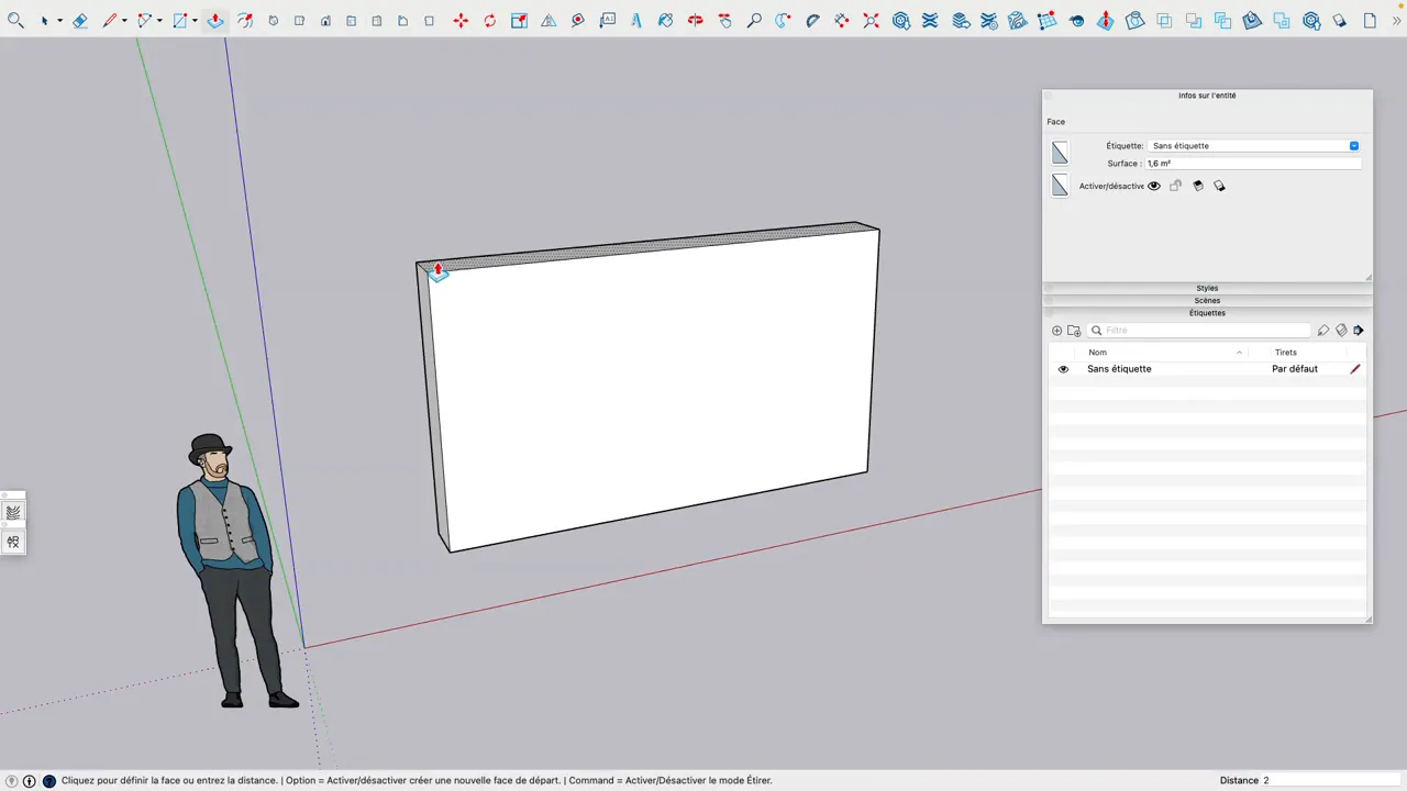 Vue SketchUp du Pousser/Tirer en action sur un mur avec la distance '2' affichée