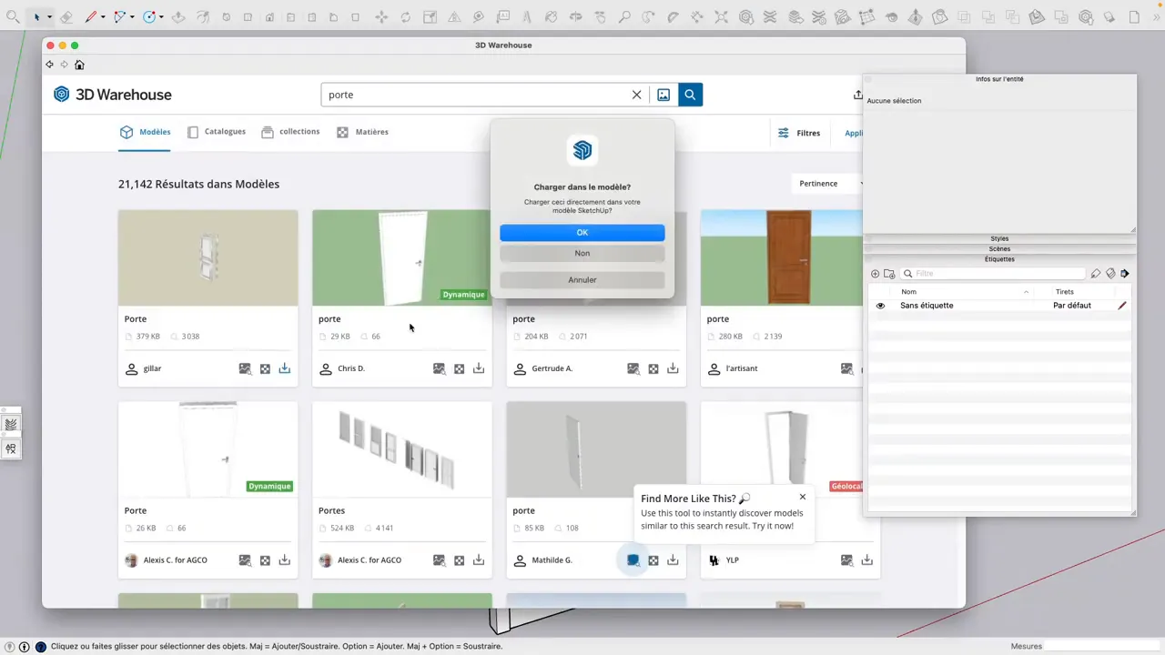 Résultats de recherche 'porte' dans 3D Warehouse avec boîte de dialogue 'Charger dans le modèle' ouverte