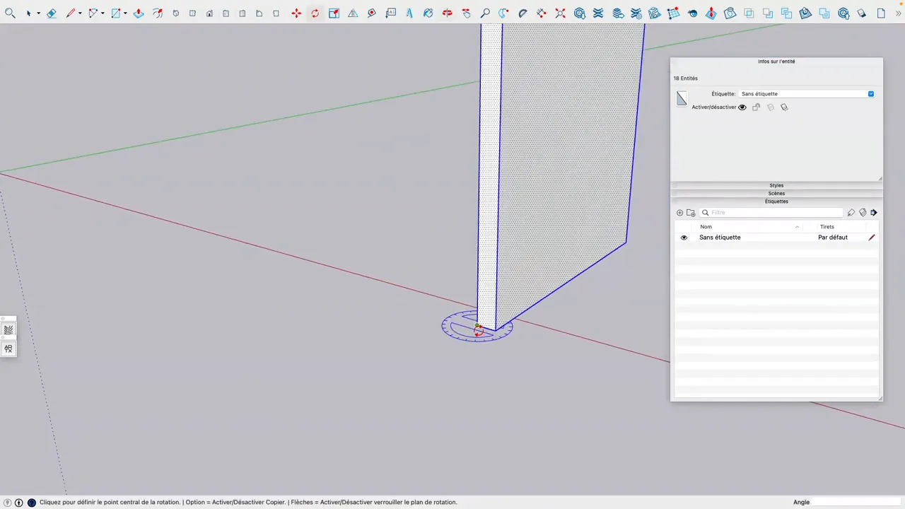 protracteur de rotation placé au pied de la porte pour définir la charnière dans SketchUp