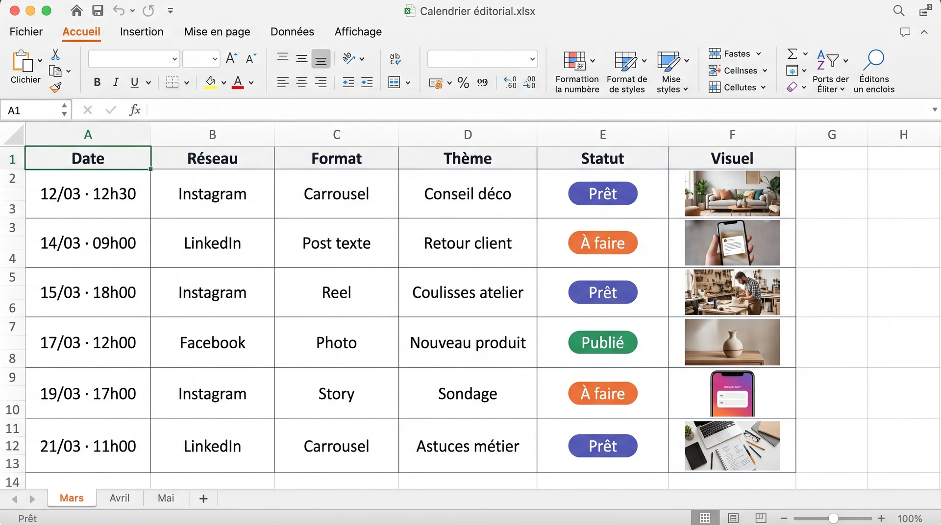 calendrier edito sur excel