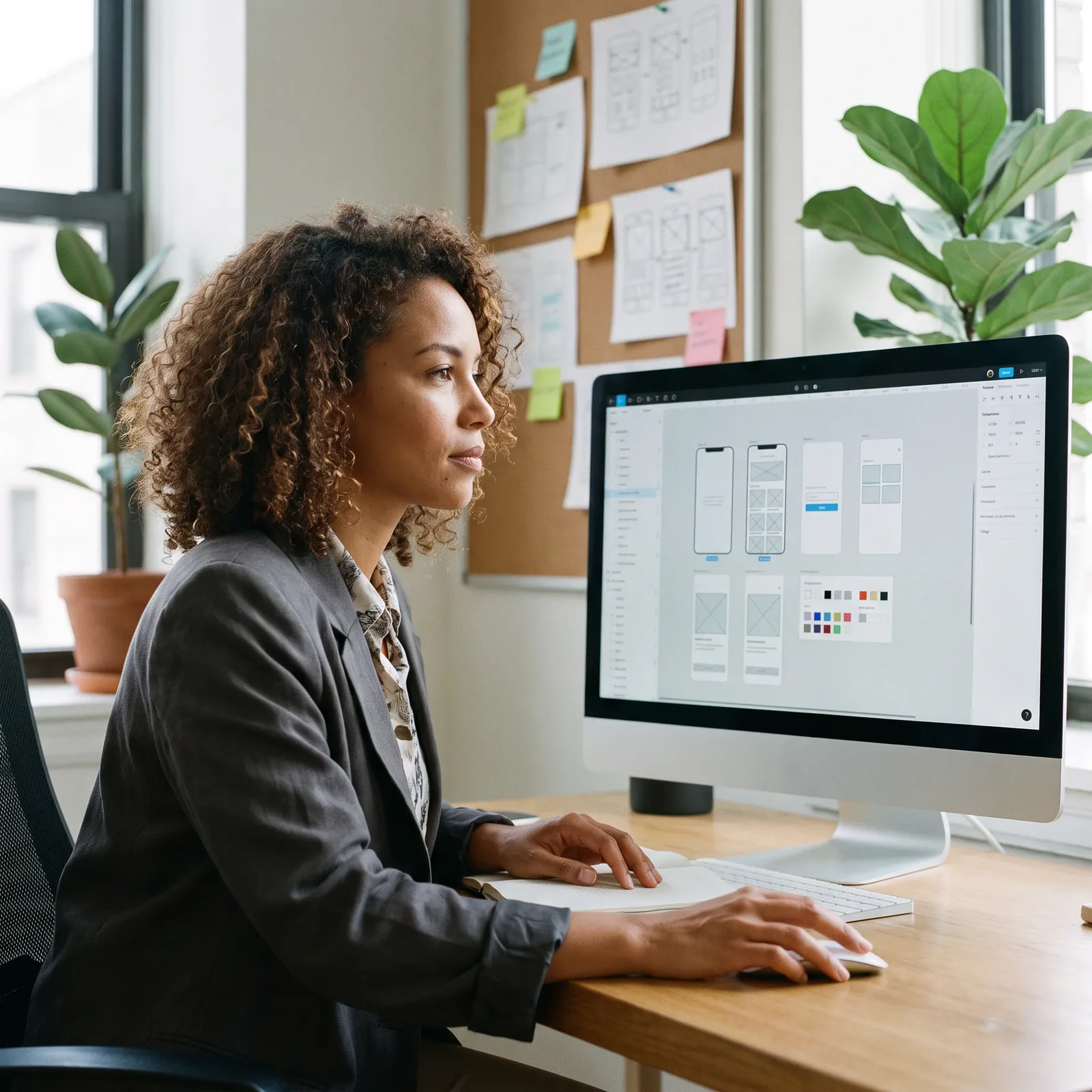 UI/UX designer travaillant sur des maquettes d'interface mobile
