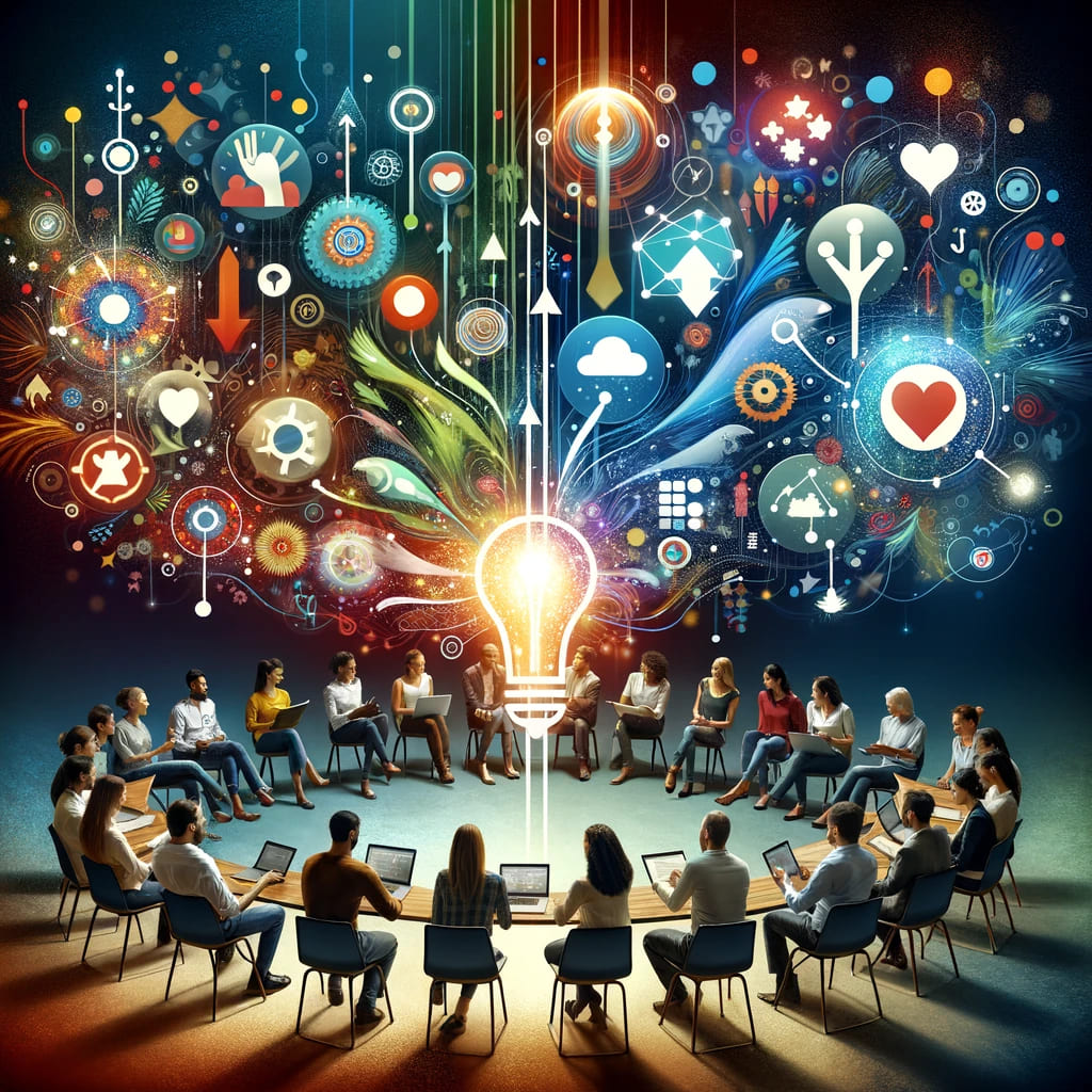 Group of people sitting in circle and brainstorming