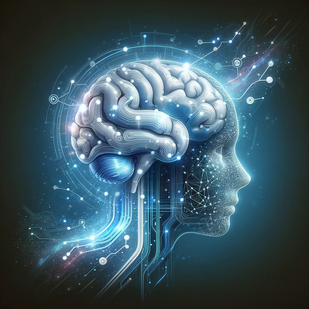 A futuristic illustration of a human brain intertwined with a network of digital circuits and data streams.