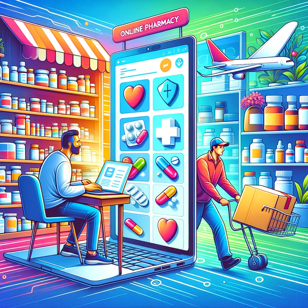 A vibrant illustration of a bustling online pharmacy marketplace. On the left side, a user browses through a wide variety of medications on their laptop screen. On the right side, a delivery person delivers a package to a patient's doorstep.
