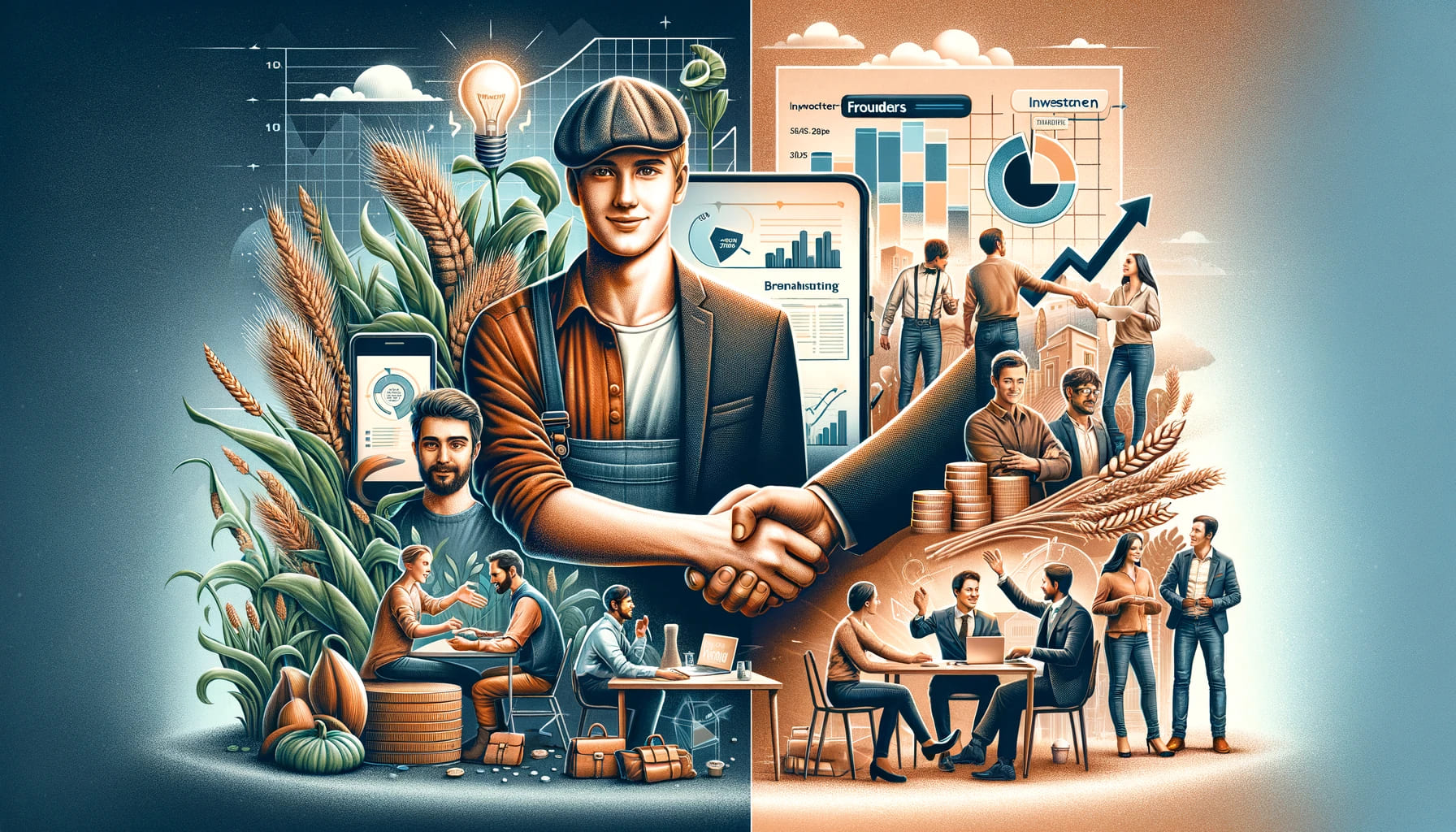 A creative and informative split image in 16:9 ratio showcasing the different aspects of the tips for both startup founders and investors