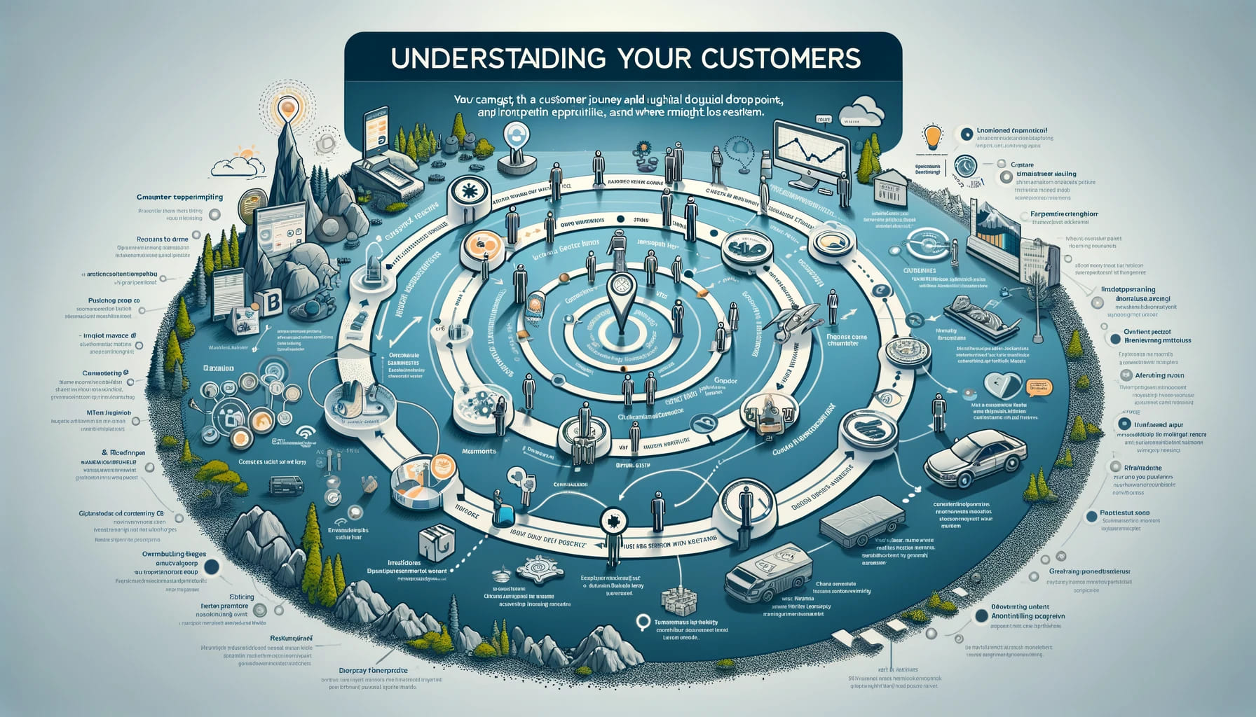 A data visualization showing a customer journey map, with touchpoints and potential drop-off points highlighted