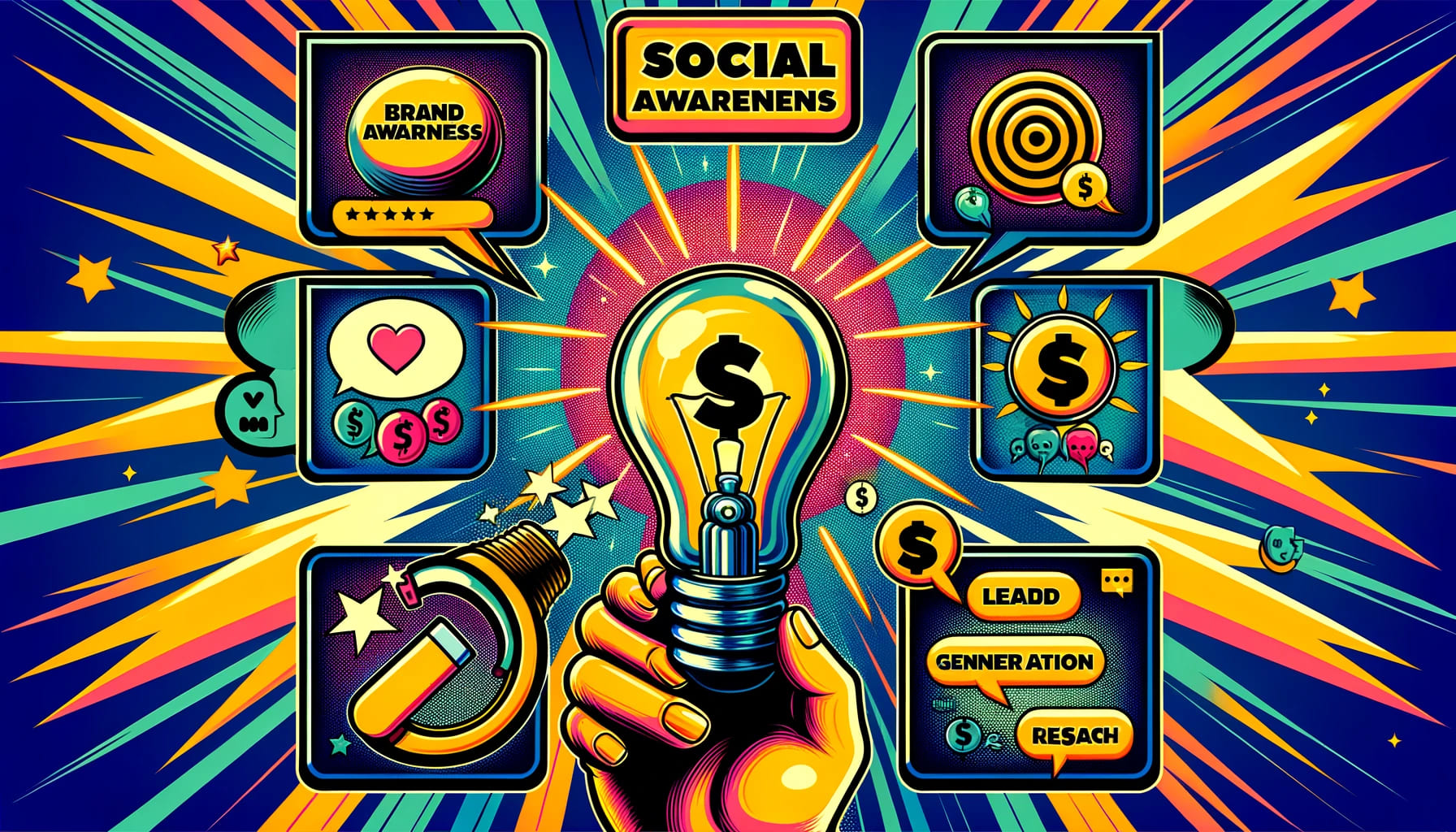 A dynamic pop art illustration depicting the various benefits of social media for startups