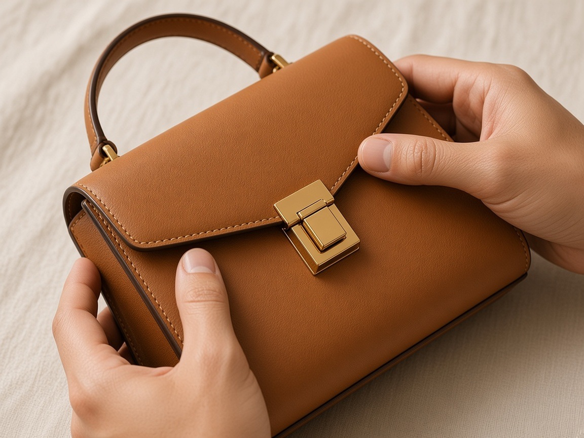 Inspecting a leather bag's stitching and hardware