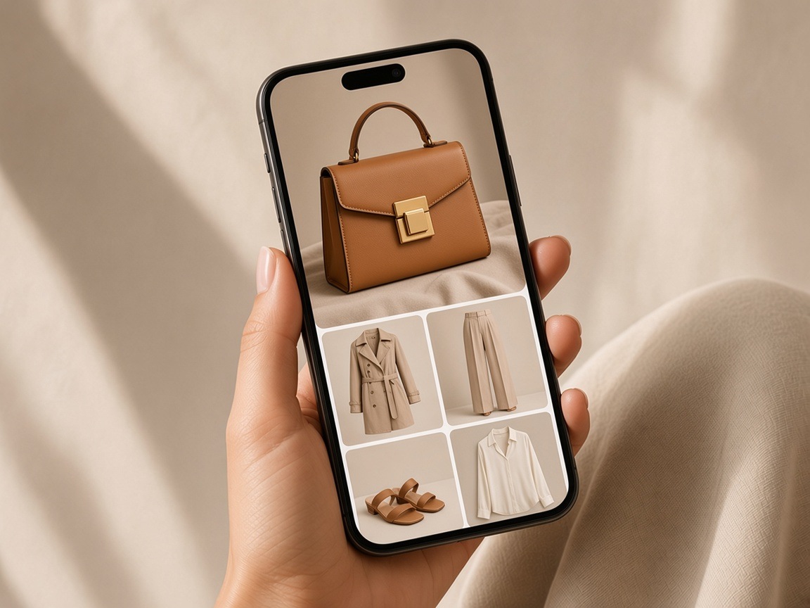 Browsing unbranded handbag and outfit styles on a phone