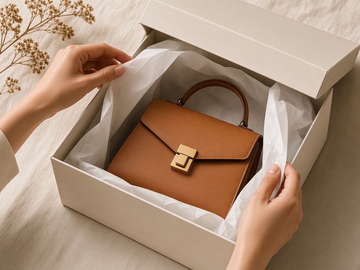 Unboxing an unbranded handbag in tissue paper
