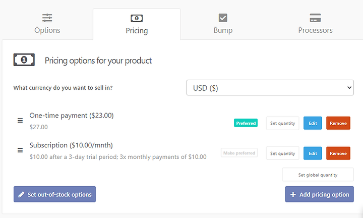 Setting up pricing options in ThriveCart