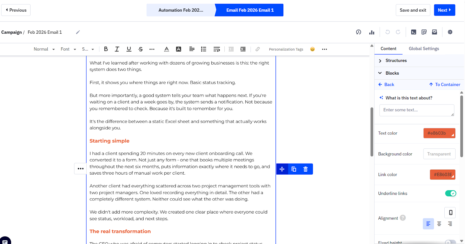 A Day by Day email template on ActiveCampaign's email editor as part of an ActiveCampaign review.