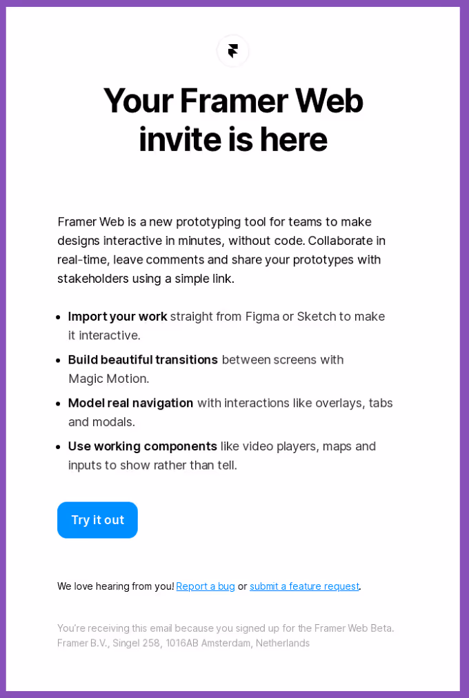 Framer new feature announcement email