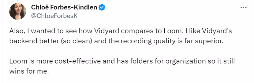 Loom vs Vidyard tweet